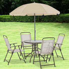 6Pc Patio Umbrella Set Garden Bistro Table Foldable Chairs Outdoor Furniture Cream-white
