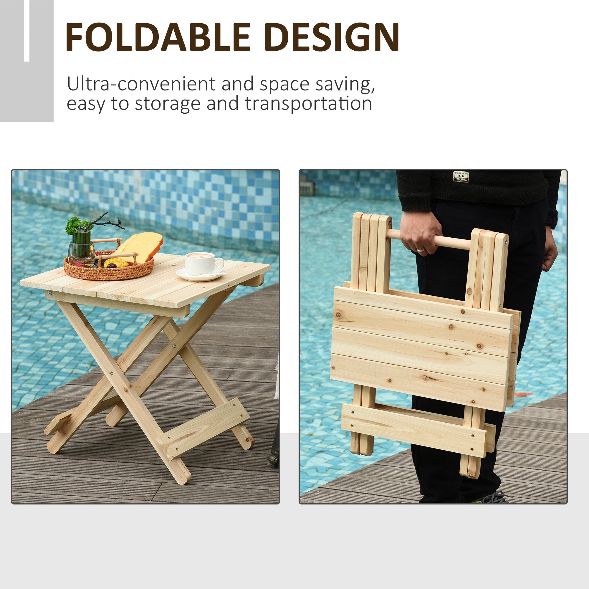 Folding Side Table Portable Outdoor Square Table Quick-Fold All Wood Structure for Beach Camping Picnics Natural Wood Color