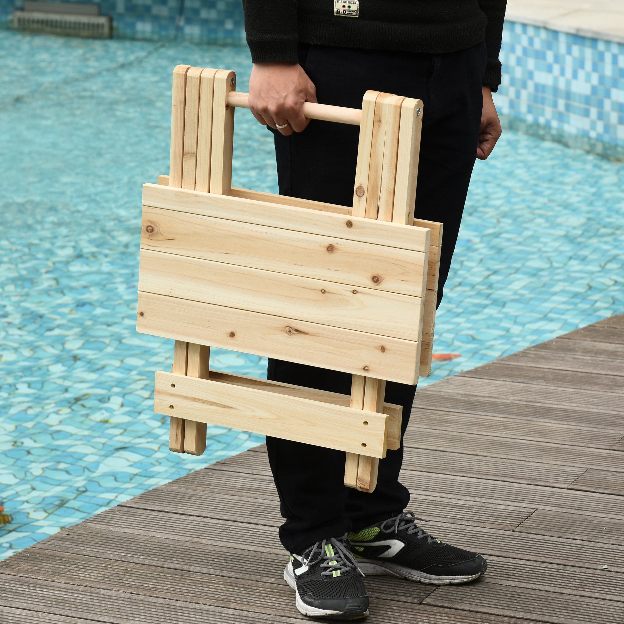 Folding Side Table Portable Outdoor Square Table Quick-Fold All Wood Structure for Beach Camping Picnics Natural Wood Color