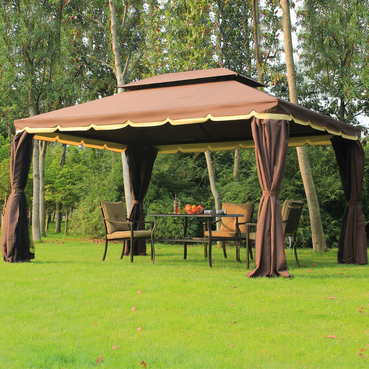 10’x13’ Steel Frame Double Top Gazebo Canopy w/ Mesh Netting Coffee