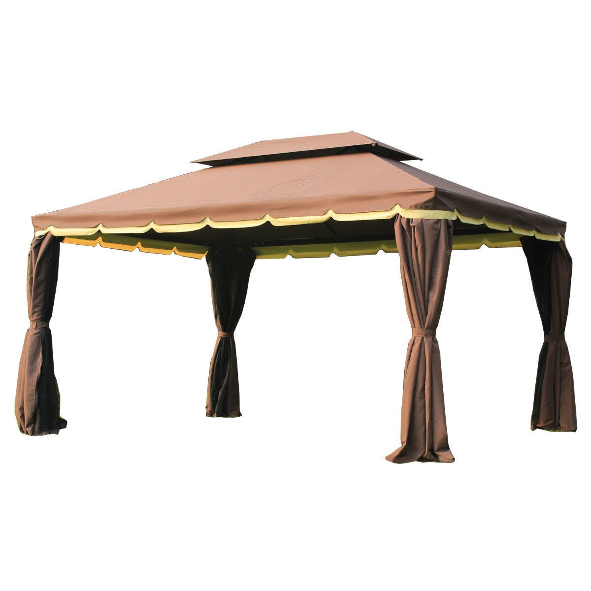 10’x13’ Steel Frame Double Top Gazebo Canopy w/ Mesh Netting Coffee