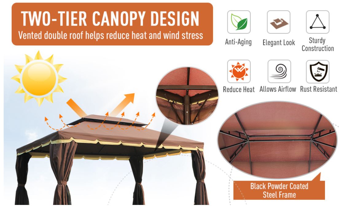 10’x13’ Steel Frame Double Top Gazebo Canopy w/ Mesh Netting Coffee