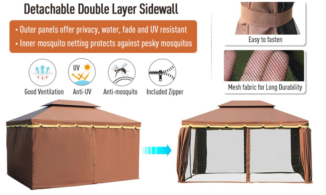 10’x13’ Steel Frame Double Top Gazebo Canopy w/ Mesh Netting Coffee