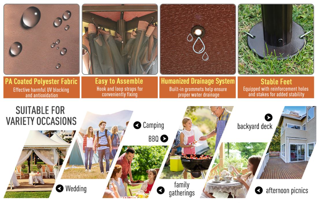 10’x13’ Steel Frame Double Top Gazebo Canopy w/ Mesh Netting Coffee