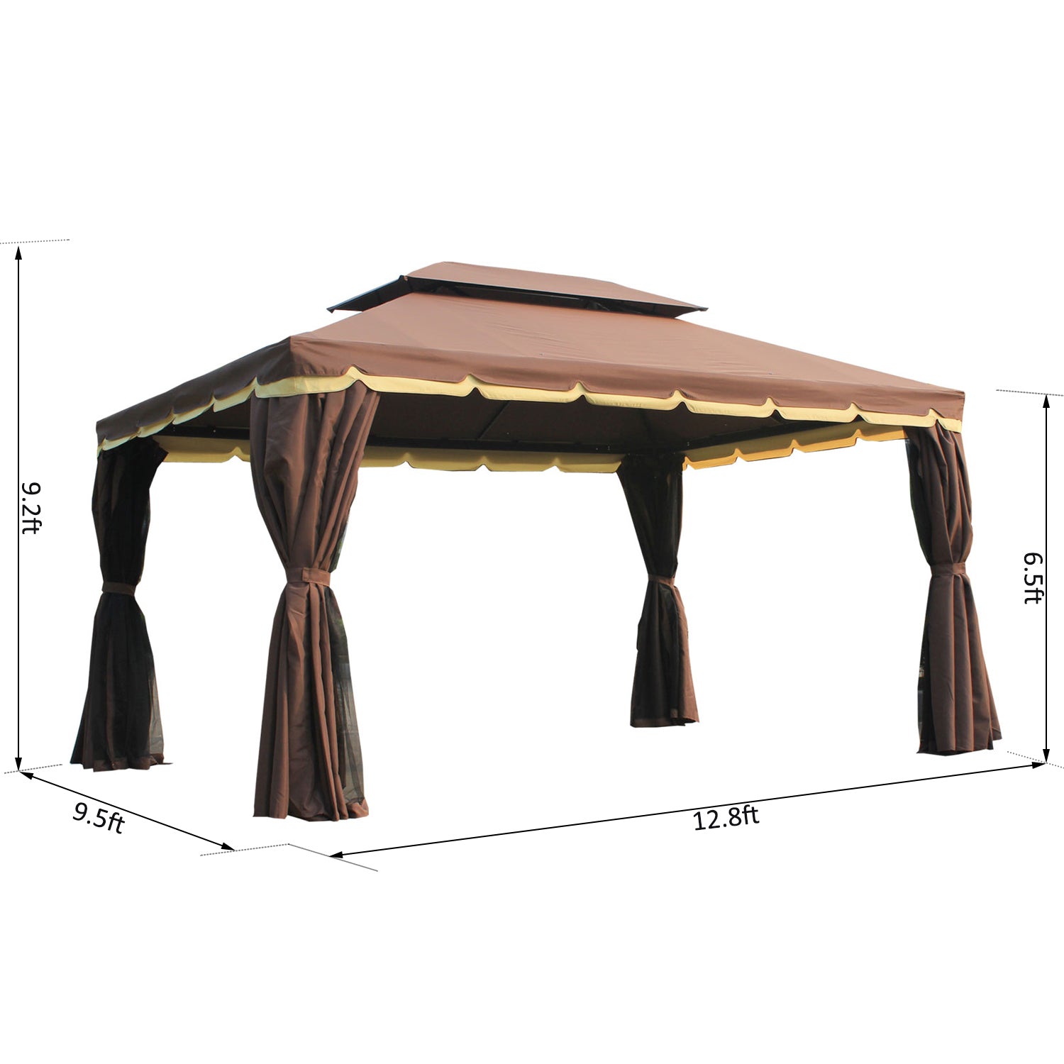 10’x13’ Steel Frame Double Top Gazebo Canopy w/ Mesh Netting Coffee