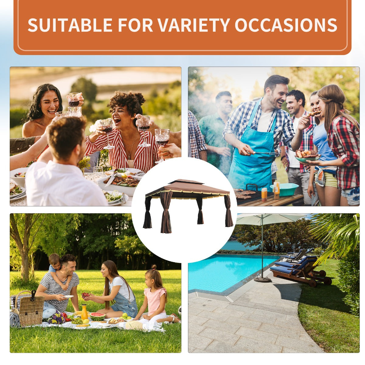 10’x13’ Steel Frame Double Top Gazebo Canopy w/ Mesh Netting Coffee