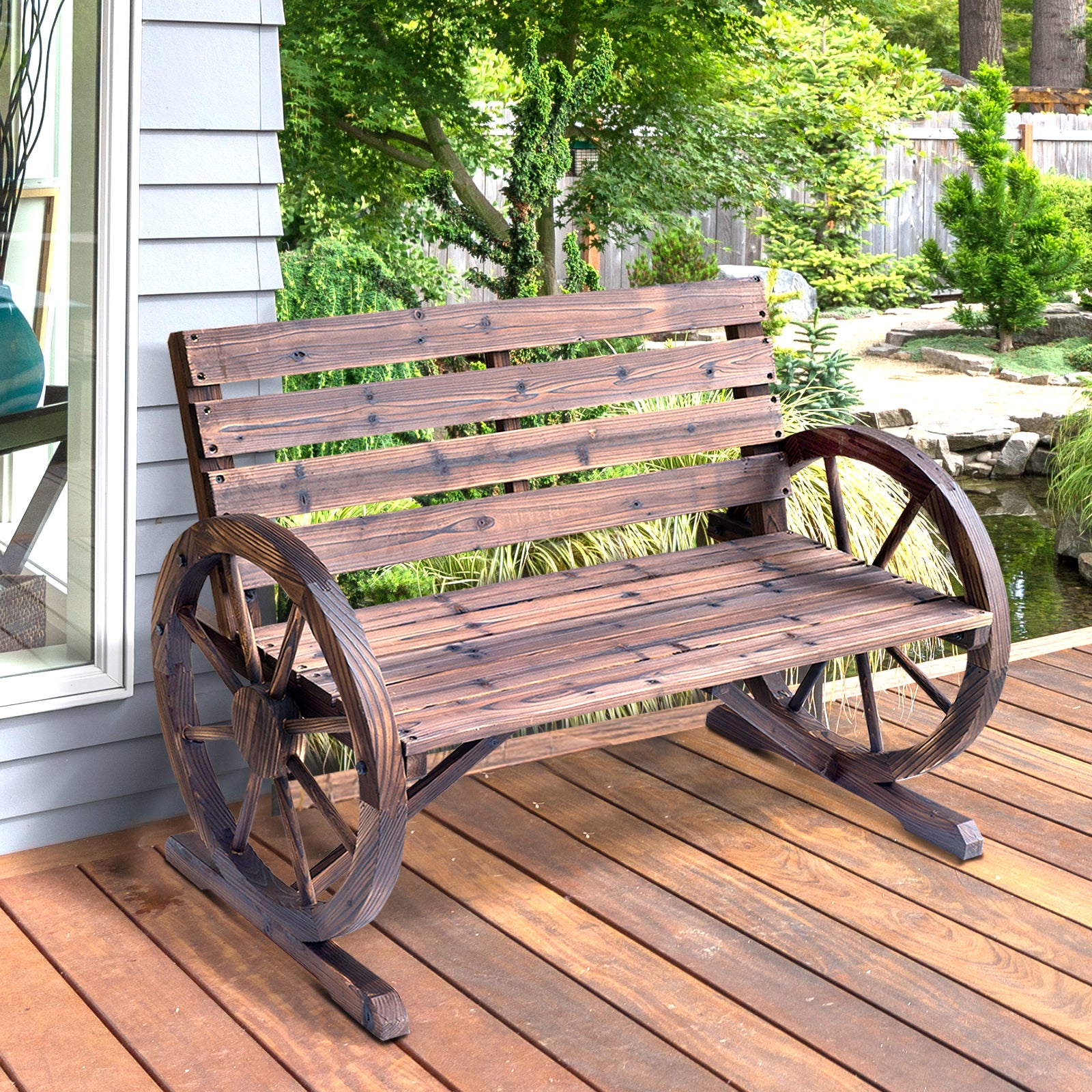 42" Wood Wagon Wheel Bench Garden Love-seat Rustic Seat Relaxing Lounge Chair Outdoor Decorative Seat Park Decor