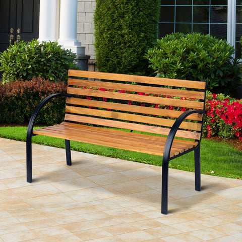 Image of Garden Outdoor Patio 2-Person Wooden Bench Park Yard Furniture Loveseat Steel Frame