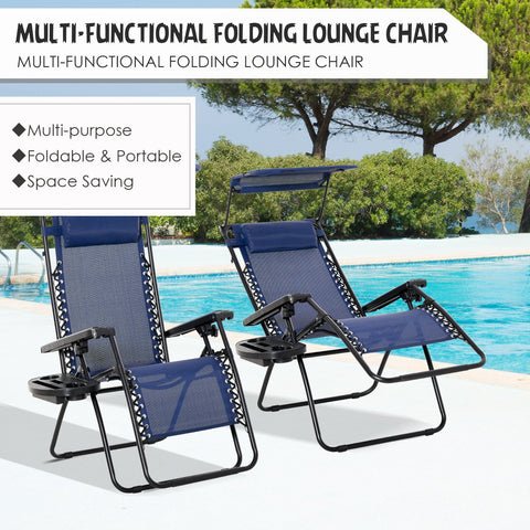 Image of 2 piece Zero Gravity Chair Adjustable Patio Lounge Chair Reclining Seat W/ Cup Holder & Canopy Shade