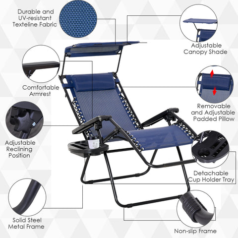 Image of 2 piece Zero Gravity Chair Adjustable Patio Lounge Chair Reclining Seat W/ Cup Holder & Canopy Shade