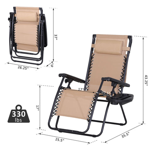 Image of 2 Piece Zero Gravity Chair Adjustable Reclining Seat W/ Cup Holder & Canopy Shade Beige