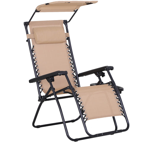 Image of 2 Piece Zero Gravity Chair Adjustable Reclining Seat W/ Cup Holder & Canopy Shade Beige