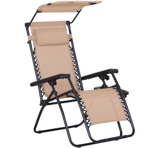 2 Piece Zero Gravity Chair Adjustable Reclining Seat W/ Cup Holder & Canopy Shade Beige