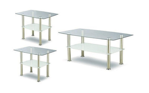 FurnitureMattressDirect- Coffee Table Set with Glass Top - 3 pc - Chrome  White II