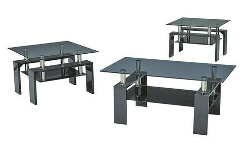 FurnitureMattressDirect- Coffee Table Set with Glass Top with Shelf - 3 pc - Black III