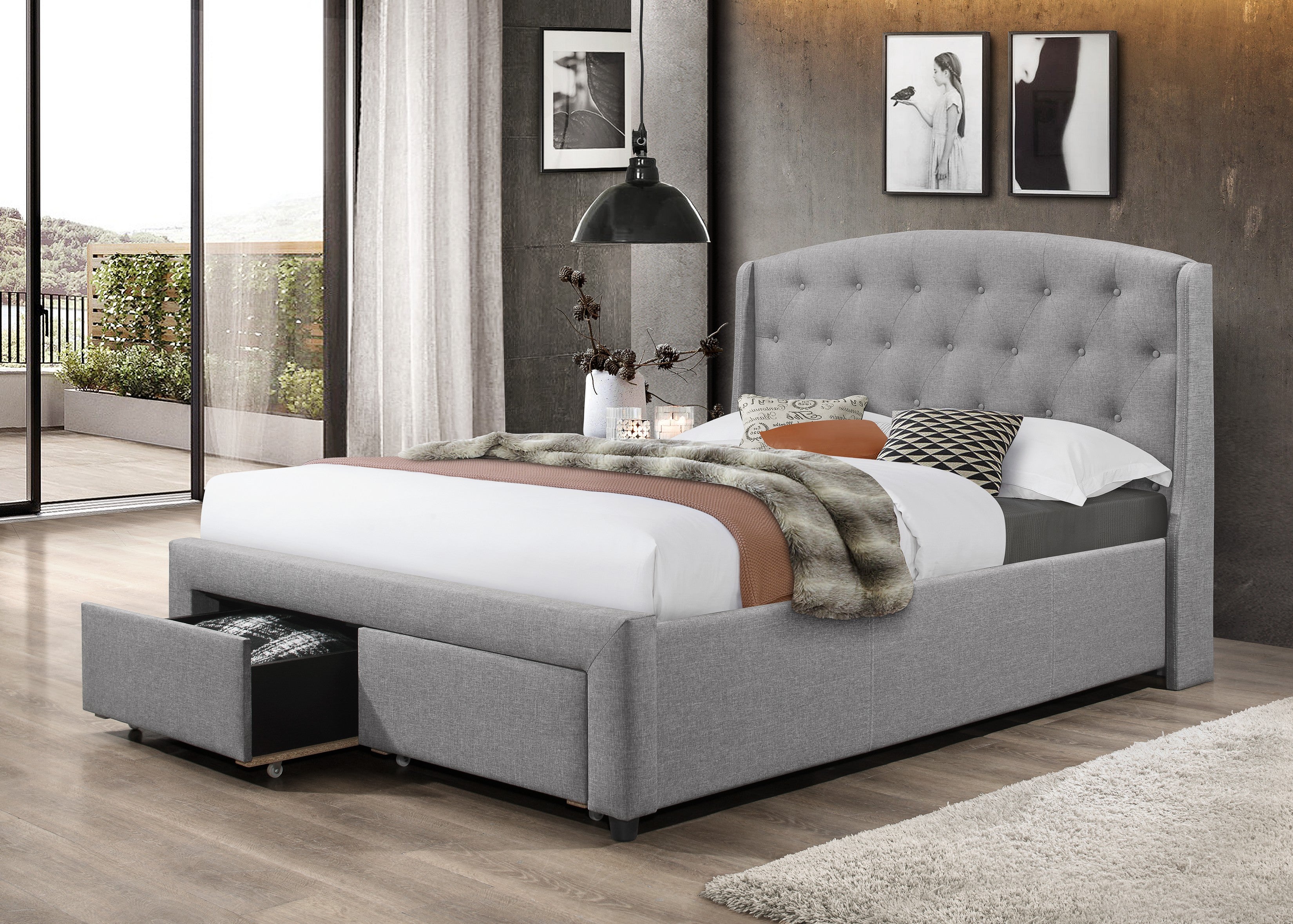 FurnitureMattressDirect- Fabric Bed With 2 Front Pull Out Drawers- Dark Grey
