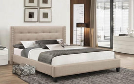 FurnitureMattressDirect- PLATFORM BED WITH BUTTON-TUFTED FABRIC - BEIGE AA