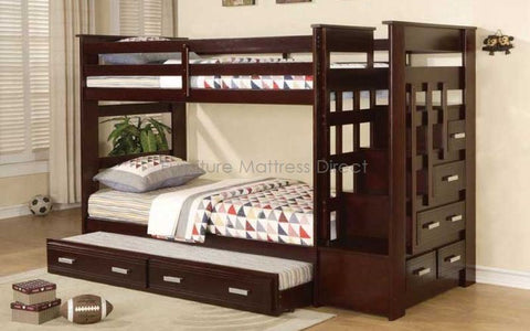FurnitureMattressDirect- Twin/Twin Bunk Bed with Stairway, Trundle and Drawers ESPRESSO - Pre-Order Only- LSSSS5
