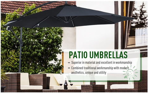 10' Deluxe Patio Umbrella Outdoor Market Parasol Banana Hanging Offset Sunshade Crank Cross Base Black