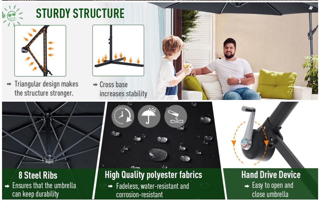 10' Deluxe Patio Umbrella Outdoor Market Parasol Banana Hanging Offset Sunshade Crank Cross Base Black