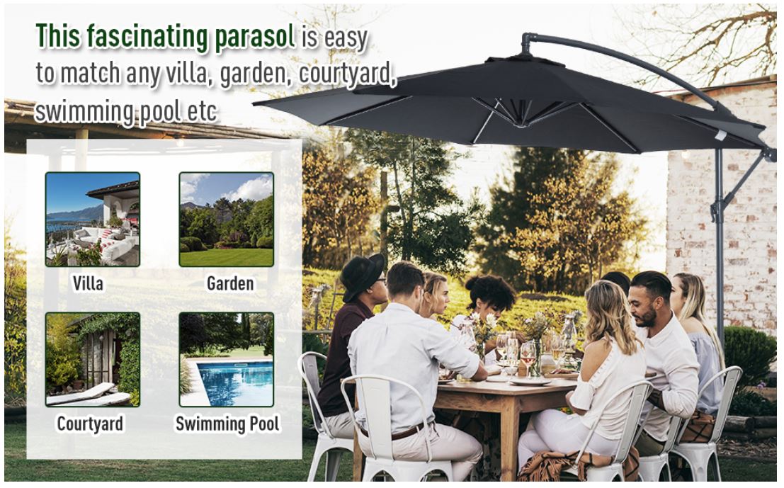 10' Deluxe Patio Umbrella Outdoor Market Parasol Banana Hanging Offset Sunshade Crank Cross Base Black