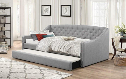 FURNITUREMATTRESSDIRECT-FABRIC DAY BED WITH NAILHEAD ACCENTS AND TWIN TRUNDLE - GREY A-TB111
