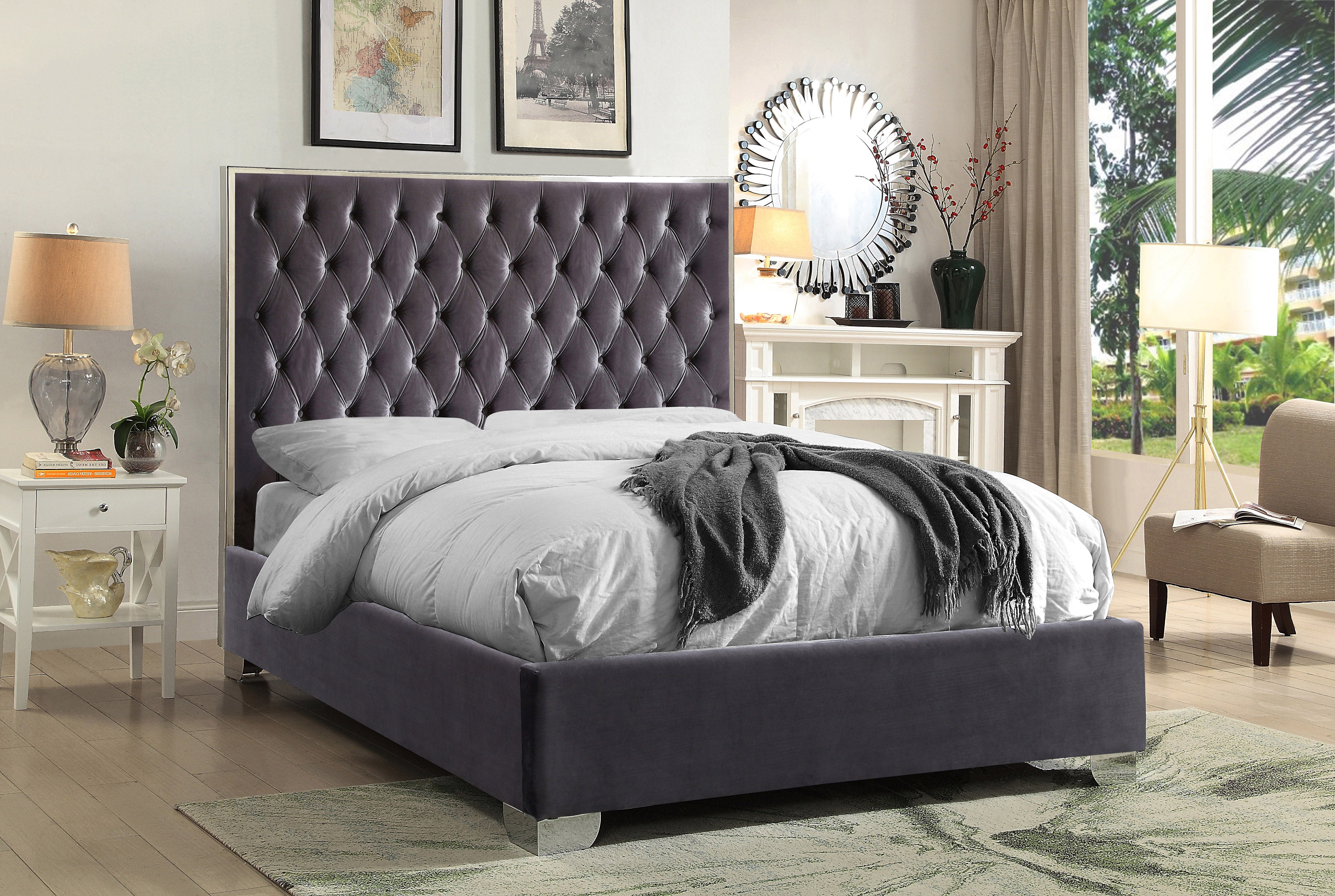 Platform Bed With Velvet Fabric and Chrome Legs - Grey