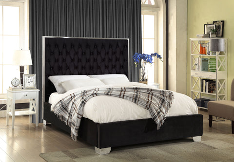 FurnitureMattressDirect-Platform Bed with Velvet Fabric and Chrome Legs - Black A88