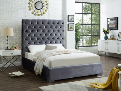 FurnitureMattressDirect-Platform Bed with Velvet Fabric and Chrome Legs - Grey A83