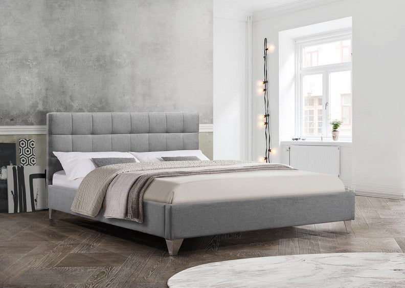 FurnitureMattressDirect-Platform Bed with Square Tufted Fabric and Chrome Legs - Grey - A81