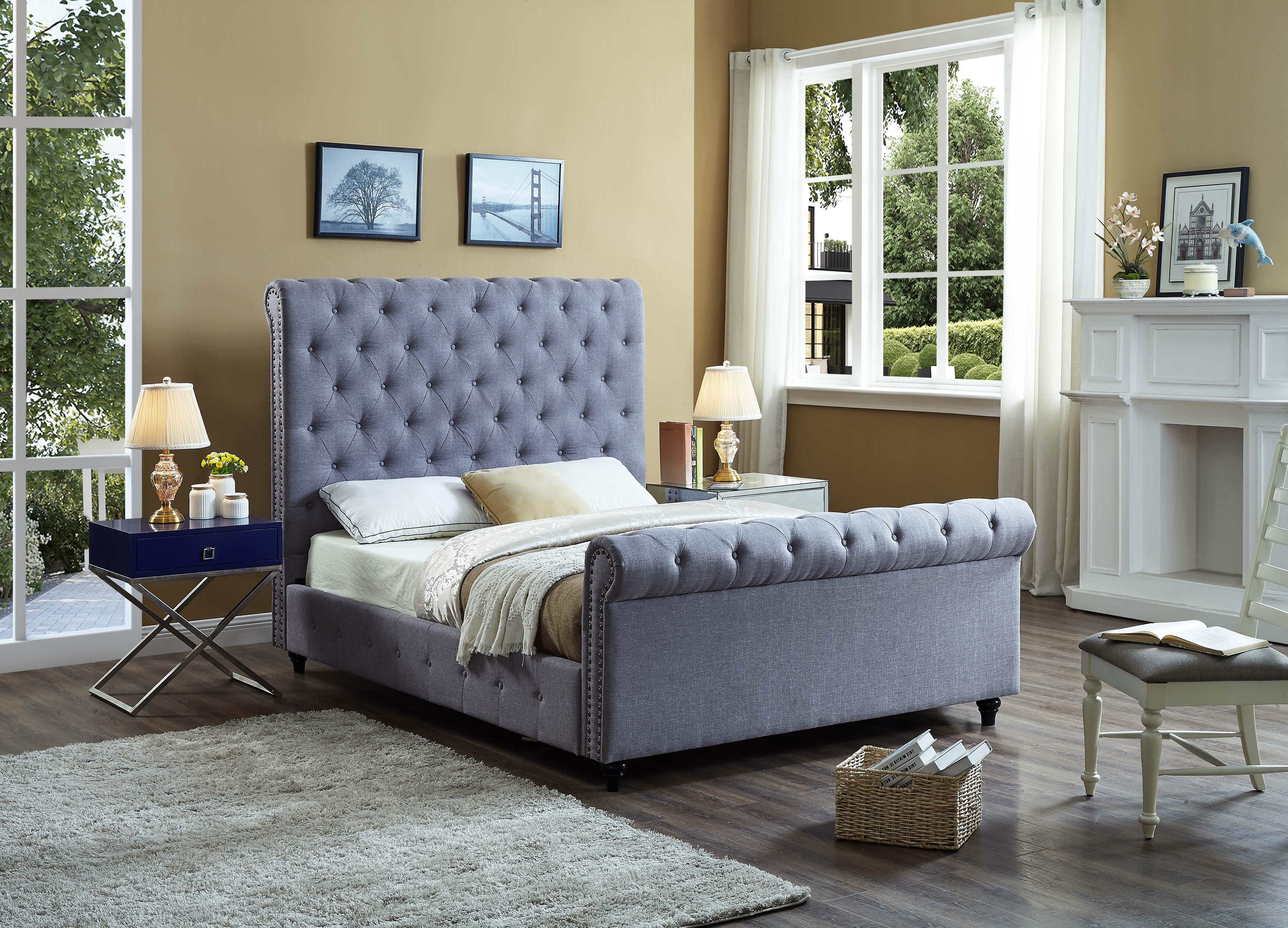 FurnitureMattressDirect-Platform Sleigh Bed with Button Tufted Linen Style Fabric - Grey-A74