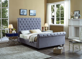 FurnitureMattressDirect-Platform Sleigh Bed with Button Tufted Linen Style Fabric - Grey-A74