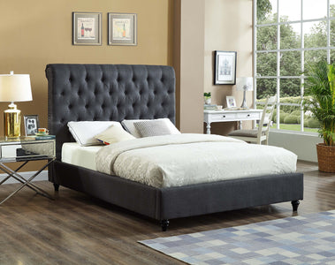 FurnitureMattressDirect-Platform Bed with Button Tufted Linen Style Fabric - Charcoal -A72