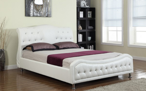 FurnitureMattressDirect-Platform Bed Bonded Leather with Jewels - White A66