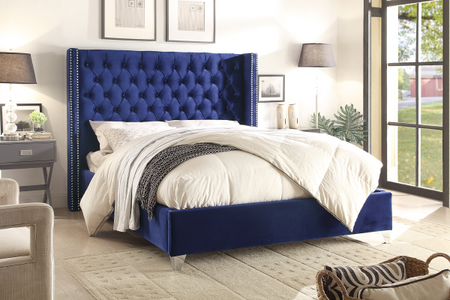 FurnitureMattressDirect-Platform Bed with Velvet Fabric -  Blue Velvet Fabric With Nail head Details A61