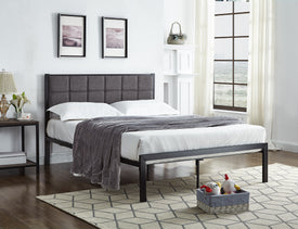 Black Metal Bed With A Padded Grey Fabric Headboard