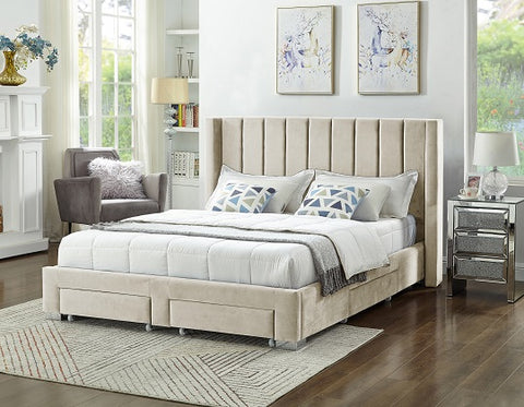 Image of Creme Velvet Fabric Wing Bed with Deep Tufting and Chrome Legs