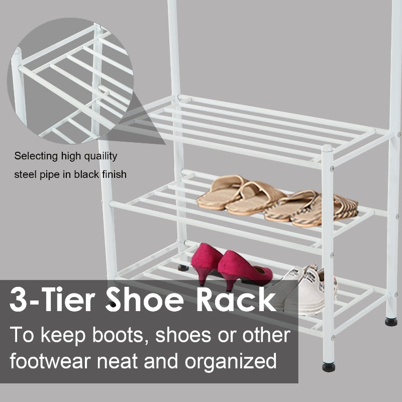 Heavy Duty 2-In-1 Metal Coat Shoe Rack Entryway Hall Tree 18 Hooks with 3 Tier Shelves White