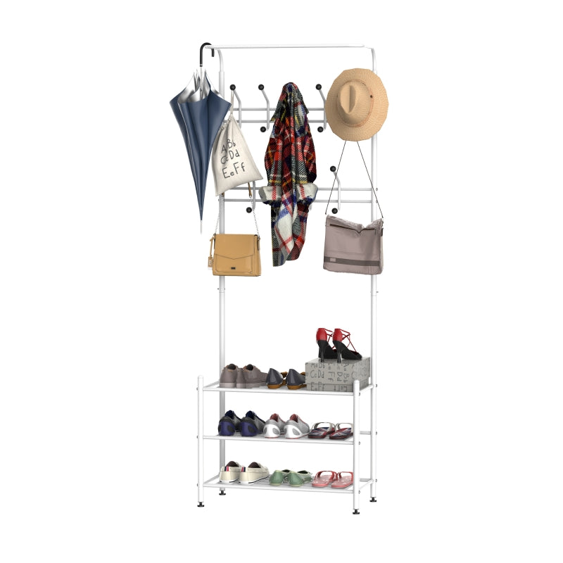 Heavy Duty 2-In-1 Metal Coat Shoe Rack Entryway Hall Tree 18 Hooks with 3 Tier Shelves White