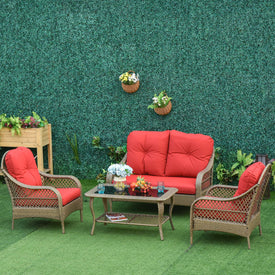 4-Piece Garden Furniture Garden Lawn Pool Backyard Outdoor Sofa Wicker Conversation Set w/ Weather Resistant Cushions and Tempered Glass Tabletop Khaki & Red