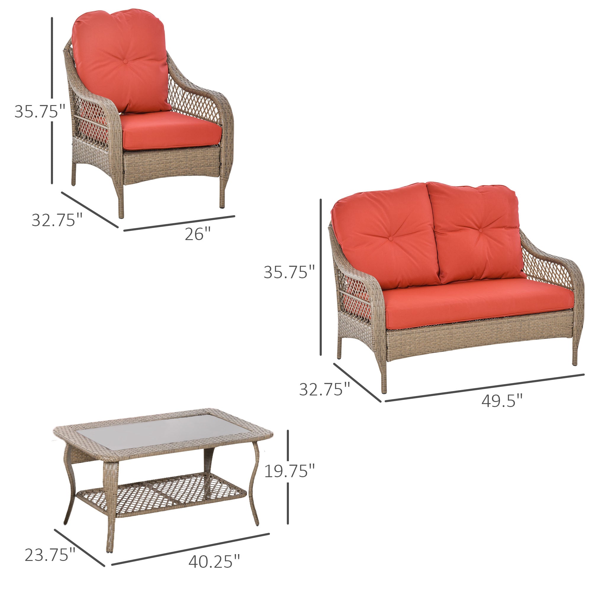 4-Piece Garden Furniture Garden Lawn Pool Backyard Outdoor Sofa Wicker Conversation Set w/ Weather Resistant Cushions and Tempered Glass Tabletop Khaki & Red