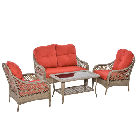 Image of 4-Piece Garden Furniture Garden Lawn Pool Backyard Outdoor Sofa Wicker Conversation Set w/ Weather Resistant Cushions and Tempered Glass Tabletop Khaki & Red