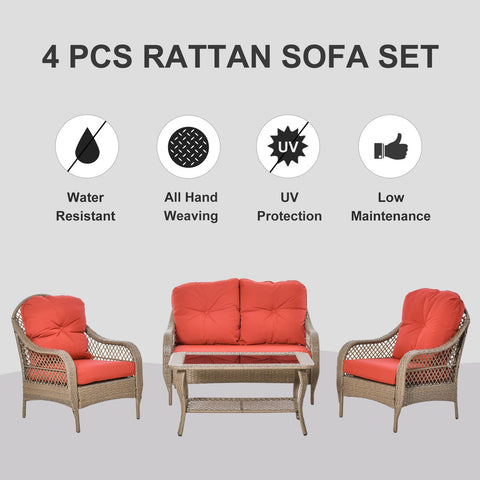 Image of 4-Piece Garden Furniture Garden Lawn Pool Backyard Outdoor Sofa Wicker Conversation Set w/ Weather Resistant Cushions and Tempered Glass Tabletop Khaki & Red