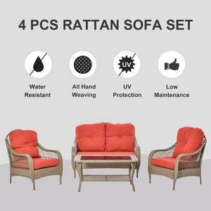 4-Piece Garden Furniture Garden Lawn Pool Backyard Outdoor Sofa Wicker Conversation Set w/ Weather Resistant Cushions and Tempered Glass Tabletop Khaki & Red