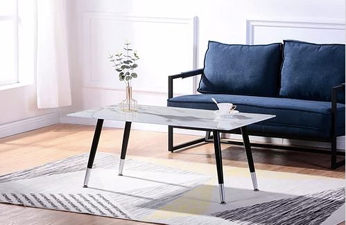 White Marble Glass Coffee Table with Black/Grey