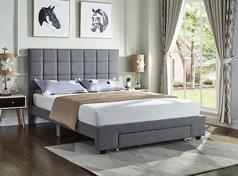 Image of Grey Fabric Bed with a Square Pattern Tufted Headboard and Storage Drawer (Bed in a Box)
