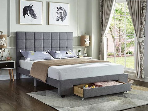 Image of Grey Fabric Bed with a Square Pattern Tufted Headboard and Storage Drawer (Bed in a Box)