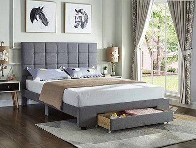 Grey Fabric Bed with a Square Pattern Tufted Headboard and Storage Drawer (Bed in a Box)