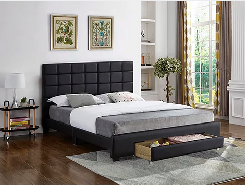 Image of Black PU Bed with a Square Pattern Tufted Headboard and Storage Drawer (Bed in a Box)