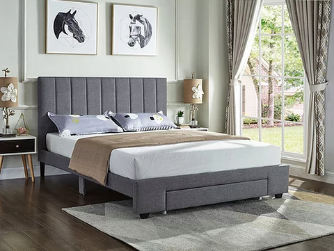 Image of Grey Fabric Bed with Padded Headboard and Storage Drawer